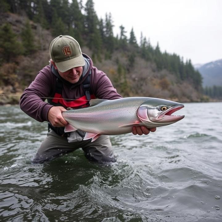 fisherman catching large salmon