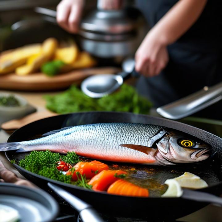 fish cooking in pan with vegetables