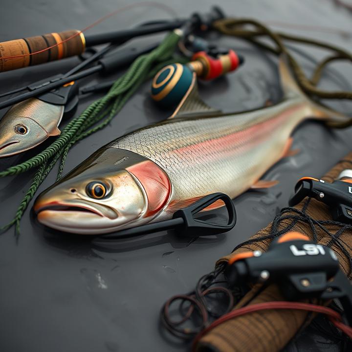 caught salmon surrounded by fishing gear